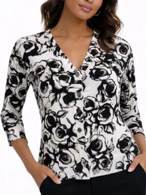 Covington Rose Print Lightweight Cotton Blend Cardigan in Black and Ecru